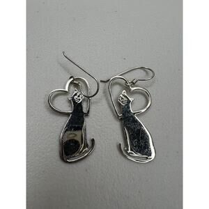Sterling Silver Cat Heart Drop Earrings Hooks Animal Pet Lover Jewelry